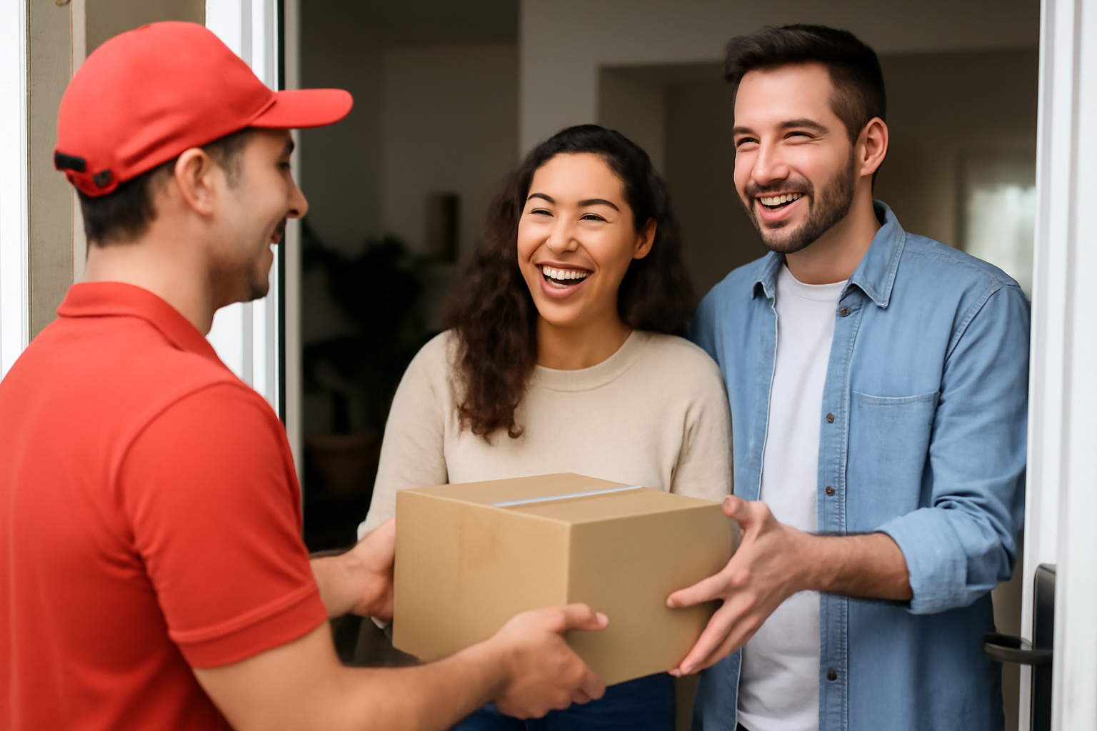 photographic imagen de clientes felices y satisfecho con el servicio que le dieron y recibiendo un paquete de delivery