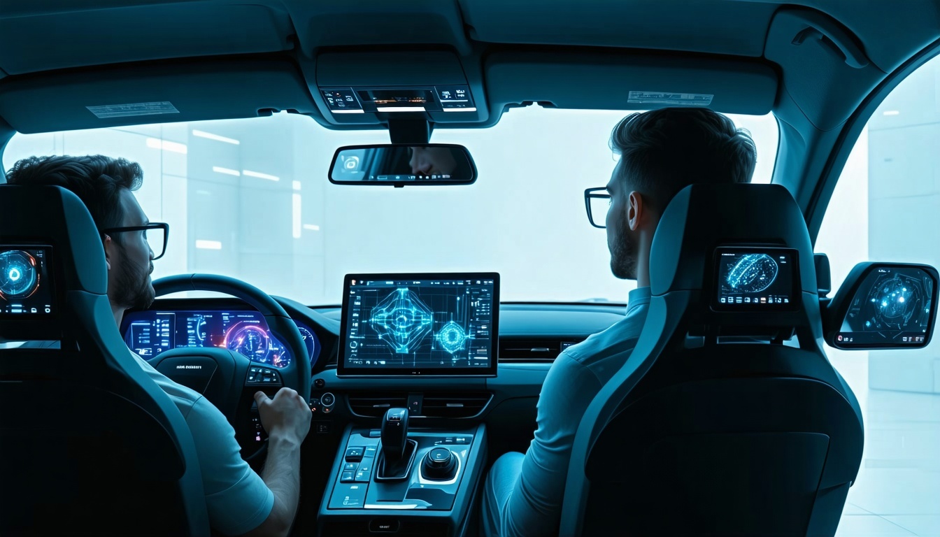 un grupo de personas interactuan con vehiculos autonomos y con un computador-1