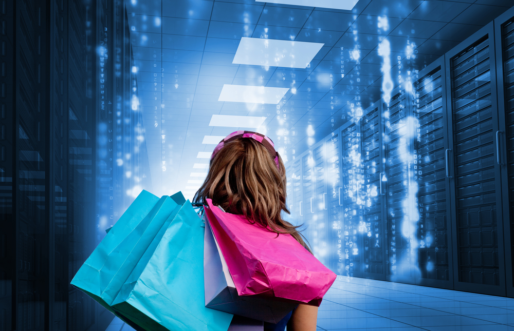 Girl with shopping bags looking at falling matrix in data center